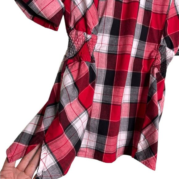 COOGI Button Down Shirt Roll Tab Long Sleeves Red Black Plaid Elastic Waist Sz L - Picture 7 of 12